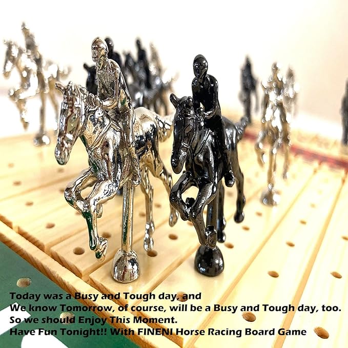 Horse Racing Game for Adults Luxurious Metal Horses (Silver Black) on 16' Pine Wood Board Dice &amp Card Included