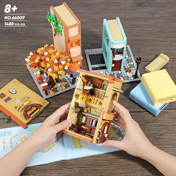 Bookends Building Set for Adult Home Bookshelf Insert Decoration Building Bookcase Miniature House Model Building for Adults 1488pcs