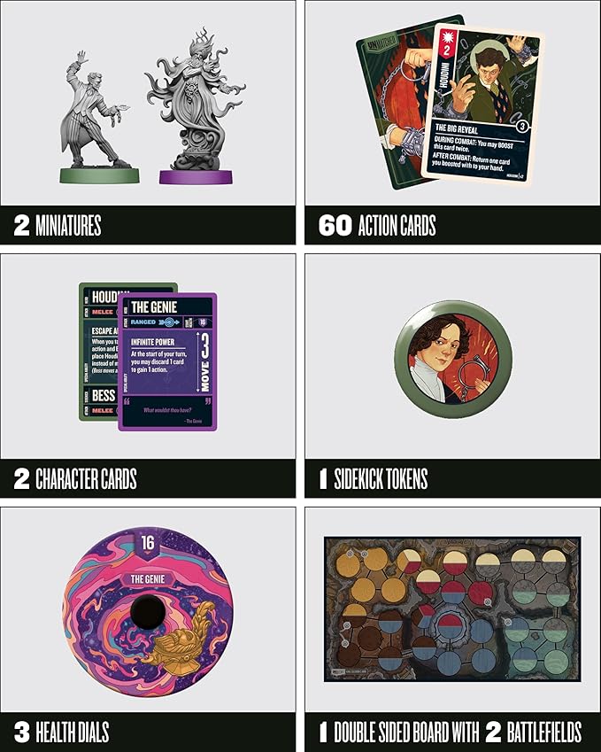 Restoration Games Unmatched Houdini vs The Genie - Strategy Board Game for 2 to 4 Players - Heroes Expansion with Miniatures Unique Decks and Abilities - 20 Min Playtime - Ages 9+