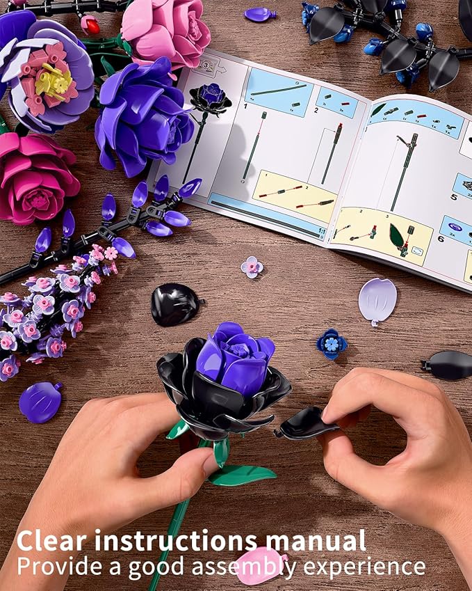 Flowers Bouquet Building Set - Purple Roses Botanical Collection Building Blocks for Adult Women Artificial Flowers Gothic Home Decor Mother's Day Birthday Gift for Adults Kids Girls 6-12 (806PCS)