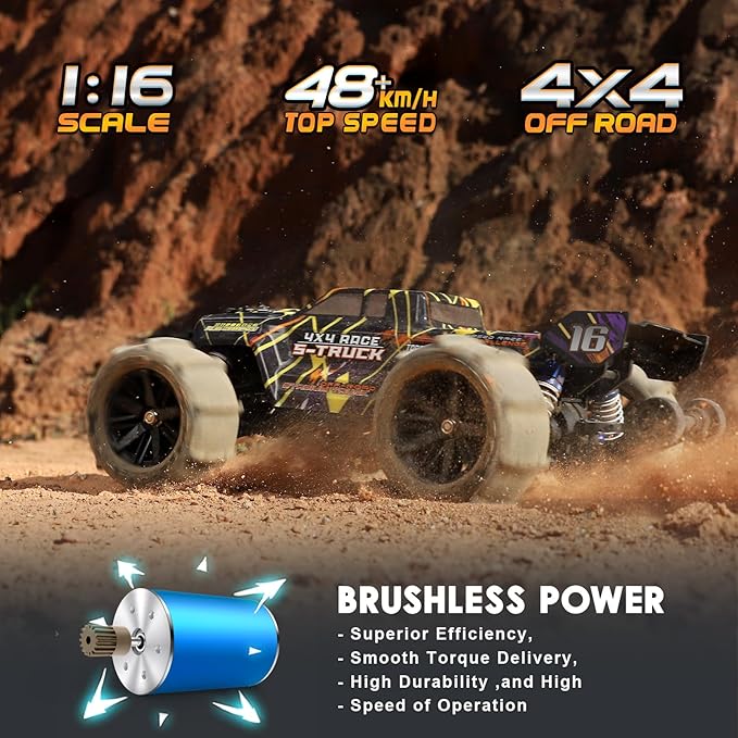 HAIBOXING Brushless RC Car 16890A 1/16 Scale 4X4 Fast Remote Control Truck 48 KM/H Top Speed Hobby RC Cars for Adults and Boys All Terrain Off-Road Truck with Spare Paddle Tires for Sand Land
