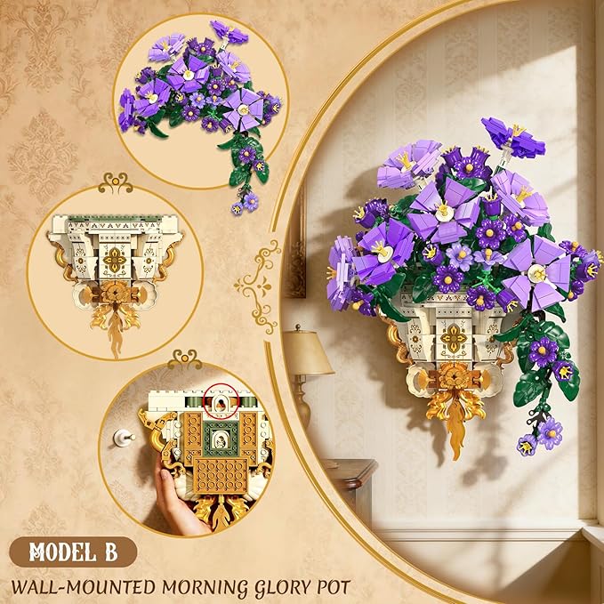 Flowers Botanicals Building Set with Vase - 2 in 1 Morning Glory Bonsai Building Blocks Plants Arrangement Vintage Wall Flower Pots Home Decor Gift for Easter Day Adults 12+ (1136PCS)