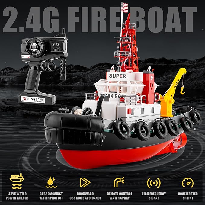 RC Boat HengLong 2.4GHZ US Fire Rescure Boat Remote Control FireBoat Water Spray with 2 Rechargeable Batteries Swimming Pool Lake for Age 14+
