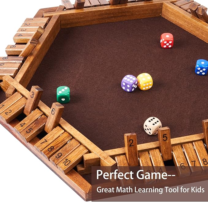 Vamslove Shut The Box Dice Game Wooden Board (L15 x W13) for 1 2 3 4 5 6 Player 6 Sided 10 Numbers Math Games with 16 Dices for Kids Adults(Instructions Included)