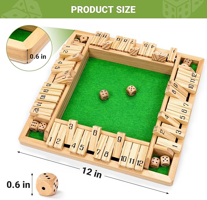 ropoda Shut The Box Game Upgraded 12 Numbers Wooden Board Games for Adult and Kids Shut The Box Dice Game -Addition Training Fun for Family Game Night