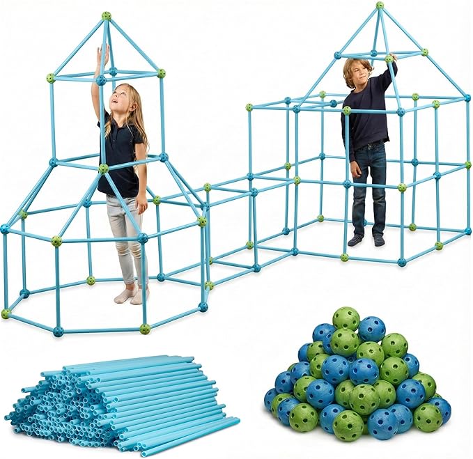 132 Piece Fort Building Kit - Indoor Play Engineering Set with Connecting Sticks &amp Balls - Creative STEM Building Toys for Kids Play Spaces Tents &amp Hideouts