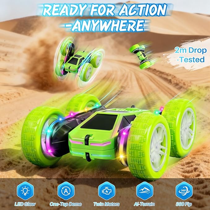 Remote Control Car Rc Cars Stunt RC Crawler Toys 4WD 360° Rotating with LED Light-Up Wheels &amp Remote Control for 6-12 for Boys Birthday Gift (Green)
