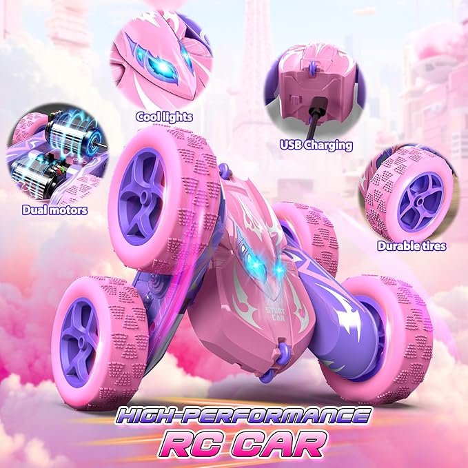 Remote Control CarRC Cars for 4 5 6 7 8 9 10 11 12 Year Old Girl Double Sided 360°Flip 4WD Rechargeable Drift RC Race Car Girls Toys Birthday Gifts Easter Basket Stuffers for Kids Age 4-12
