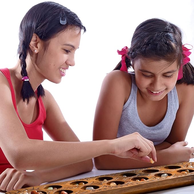 Yellow Mountain Imports Mancala Set with 17.3-Inch Solid Wood Board and Quartz Pebble Playing Pieces