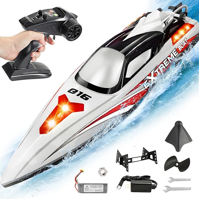 BEZGAR RC Boat 18 inch Big Brushless Remote Control Boat for Adults and Kids 55 KPH Large Fast RC Speed Boats with 2500mAh Battery Ideal Waterproof Toy Boats for Lakes - HJ816 Gray
