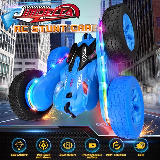 Remote Control CarRC Cars with Sides Light Strip and HeadlightsDouble Sided 360 Flips Rotating RC Stunt Car2.4Ghz All Terrain Toys for Ages 4-8 Kids Toy for Boys Birthday Gift(Blue)