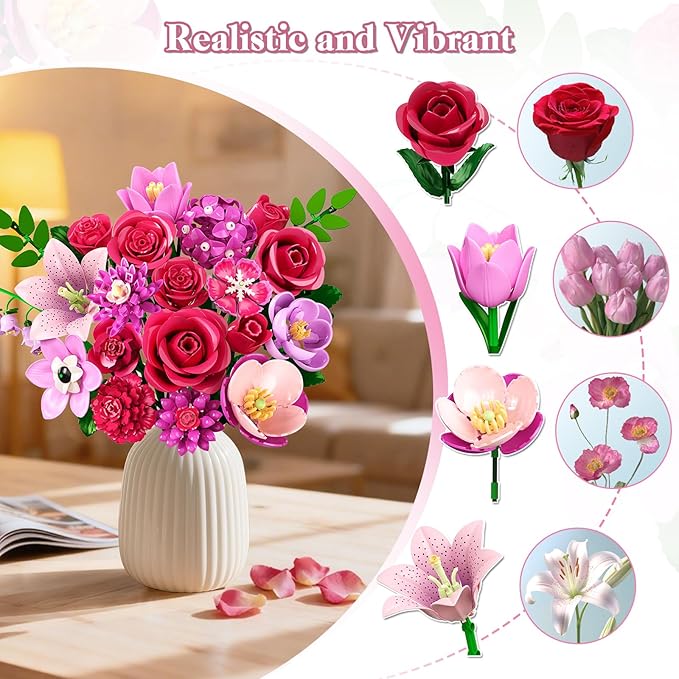 Flowers Bouquet Building Set with LED - 21 Rose Red Botanical Collection Kit for Adults Women Easter Gift for Her/Wife/Girlfriend/Mom 832 PCS Artificial Flower Plant for Home Decor