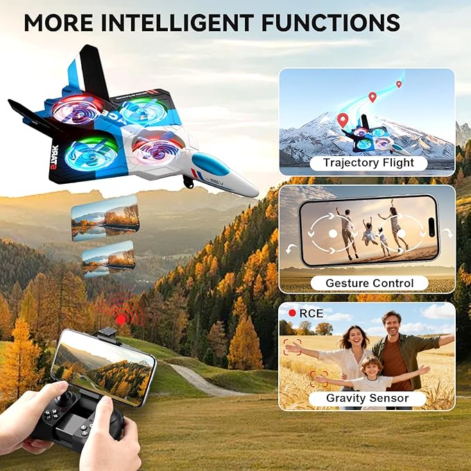 4DRC V39 Foam Remote Control Airplanes RC Planes with CameraRC Airplane Fighter Jet with LightGravity Control Auto-Follow Trajectory FlightOne Key Take Off 2 BatteriesBlue