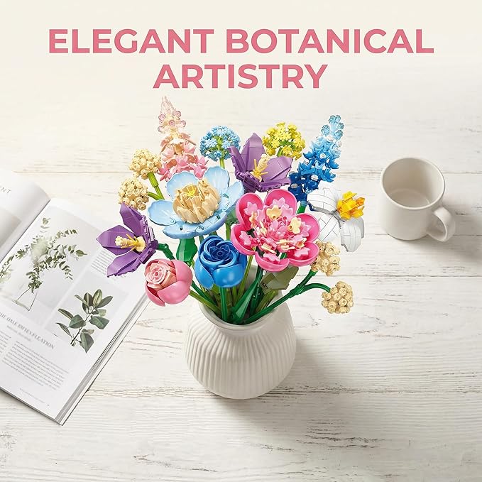 Spring Flowers Bouquet Building Set Botanicals Collection Artificial Flower Rose Peony Narcissus Balloon Flowers Flower Arrangement Art Home Decor Gift for Girls Women