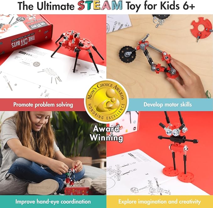 The Off Bits Erector Set: Animal Mini STEM Toys for Kids 6+ Toy Building Sets with Nuts &amp Bolts STEM Building Toys Gifts for Boys and Girls (Red Spider)