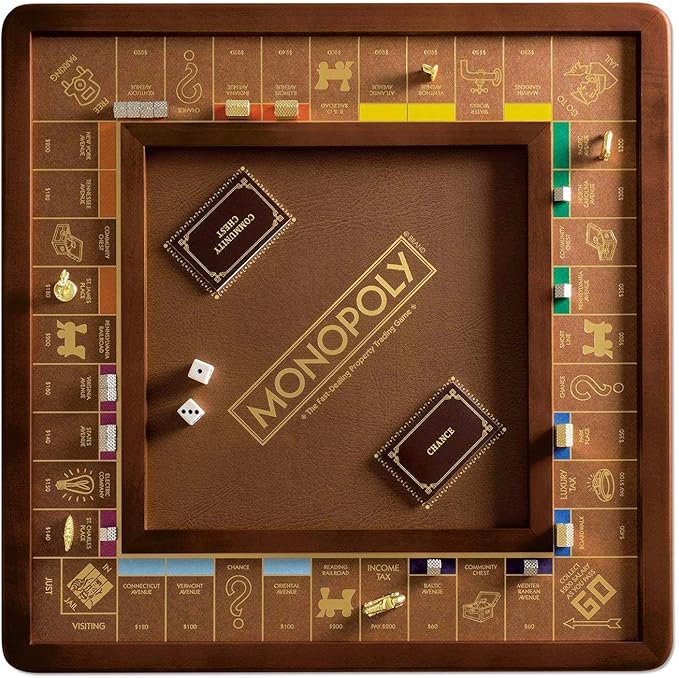 Monopoly Luxury Edition by WS Game Company Burl Wood Cabinet with Gold Foil Stamped Game Board Faux Leather Rolling Area and 2 Storage Drawers Premium Board Games for 2-6 Players