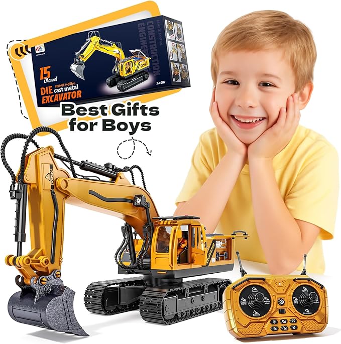 RC Excavator Toys for 3 4 5 6 7 8 Year Old Toddler Boys 15 Channel Remote Control Construction Toys W/Sandbox &amp 2.2 lb Sands Sandbox Toys W/Light &amp Sound Birthday Gift for Kids Boys Age 4-6