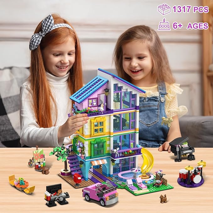 HOGOKIDS Girls House Building Set with LED Light - 1317 PCS Friends Villa Block Toy with Car and Pool Garden 4 Floor Building Kit for Role Play Birthday Gift for Girls Boys Kids Ages 8-14+
