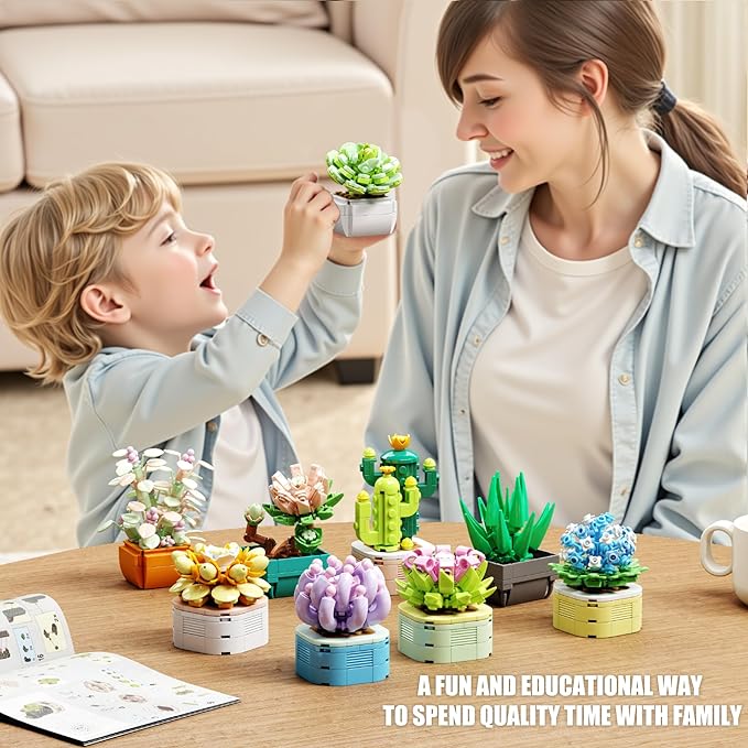 9 in 1 Tiny Flowers Succulents Artificial Plant Set-Creative Botanical Building Block Toy Botanical Collection for Office&ampHome Decor Birthday Gift for Adults and Kids 8-12(832 PCS)