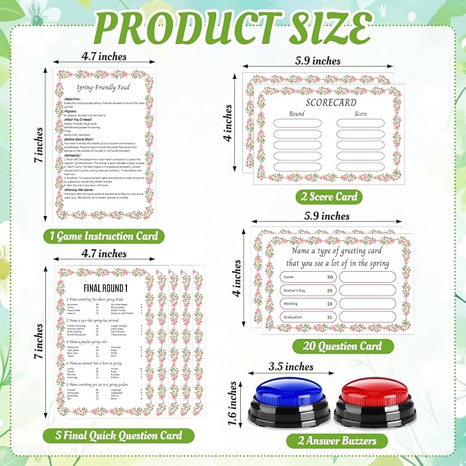 Spring Friendly Feud Game with 2 Answer Buzzers Floral Feud Cards for Family Game Night Fun Trivia Quiz for Party Office Class Groups Team Building