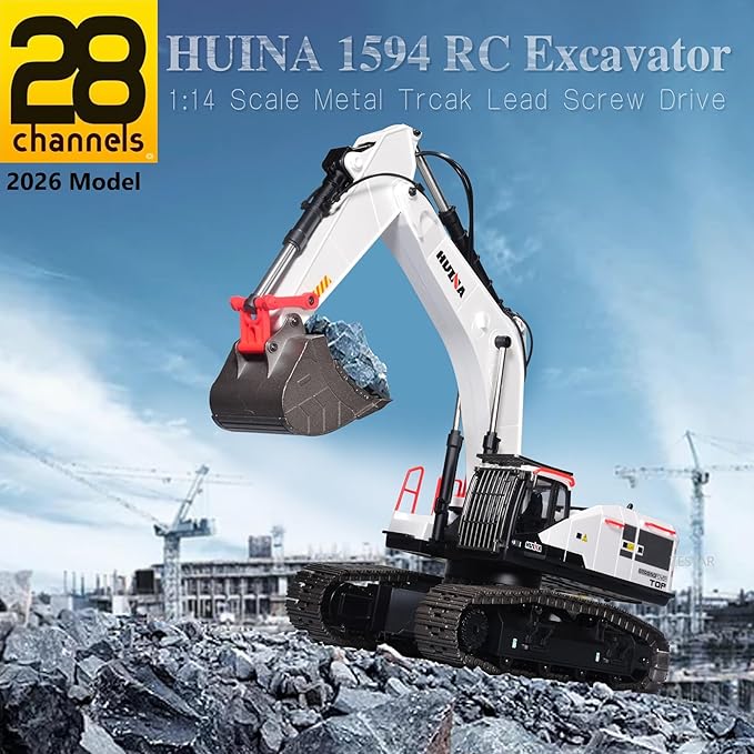HUINA 1594 Metal RC 1:14 Excavator 28 Channel Digger Construction Vehicle Hobby Outdoor Gift Remote Control Tractor Crawler Toy Lights Sounds 4 attachments and 2 Rechargeable Batteries - 2026 Model