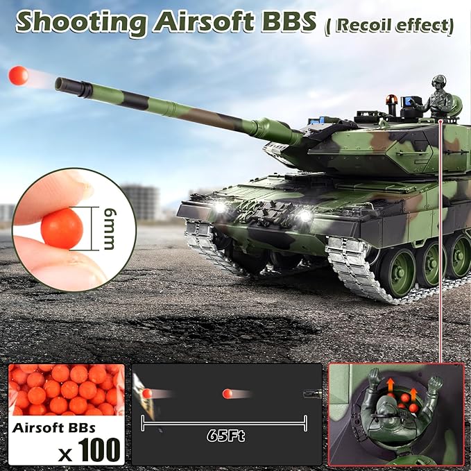 1/16 RC Tank Heng Long German Leopard 2 A6 RC Battle Army Toy with Smoke Sound Light 2.4G Remote Control Tank That Shoots BBS with Upgraded Metal Tracks Idler Sprocket Wheel Steel Gearbox