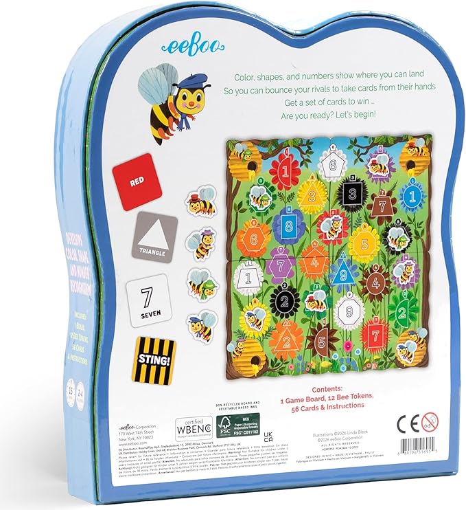 eeBoo: Bouncy Bees - Basic Skills Learning Strategy Board Game Learn Colors-Numbers-Shapes Card Set Collection Preschool Play Kids 3+ 2-4 Player