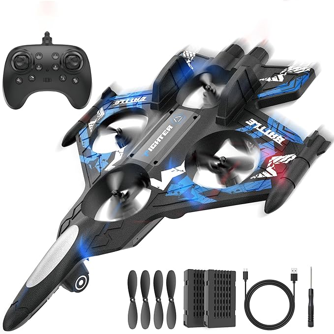 BEZGAR RC Plane | 2.4GHZ Remote Control Airplane Mini Stunt Plane Helicopter 360° Flip Fighter Jet Toy with Colorful LED Navigation Lights Blue Toys for ages 8-13