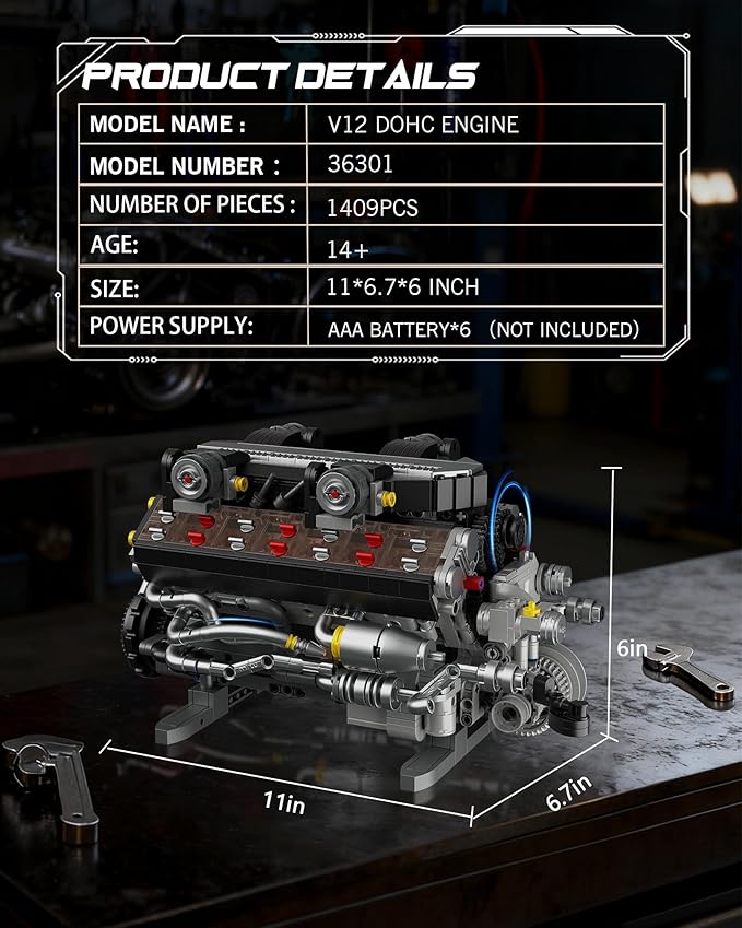 V12 Engine Building Set for Adults and Teens 14+ 1409 PCS Motorized Mechanical Engineering Model Kit That Runs MOC Engine Toy with Battery Box and Motor Compatible with Lego STEM Gift for Men