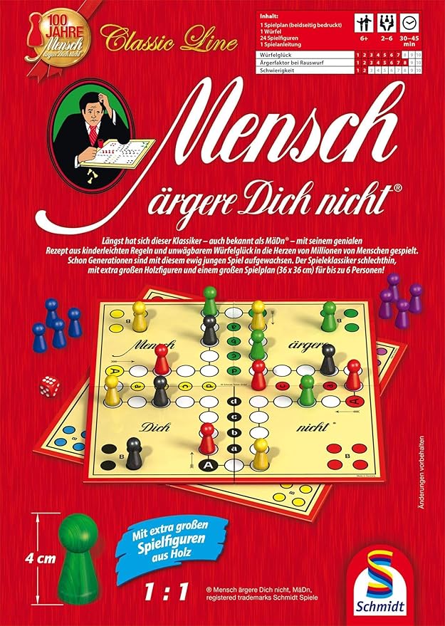 Schmidt Spiele 49439 Mensch ärgere Dich Nicht in der Metalldose Classic Line with Extra Large Wooden Toy Figures