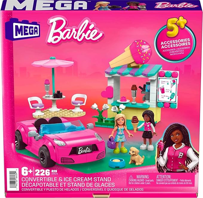 MEGA Barbie Kids Building Toy Set Convertible &amp Ice Cream Stand with 226 Pieces 2 Micro-Dolls and Accessories Pink Ages 6+ Years