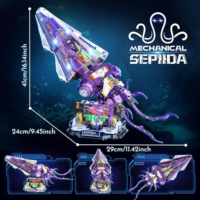 Mechanical Sepiida Building Sets for Adult Ocean Animal Collection Toy with Display Stand and Light Home Office Decor STEM Creative Gift for Teens Kids Boys Girls 8-14 975 PCS