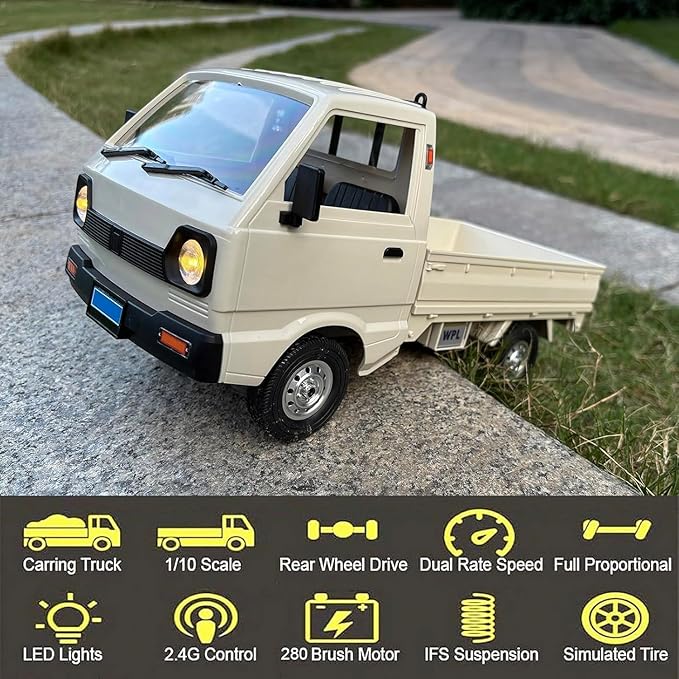 RC Kei Truck WPL D12 RC Car 1/10 Scale RC Drift Car Remote Control Kei Truck RTR 2.4G RWD 260 Motor Proportional Throttle Steering Dual Rate Carry Pickup Hobby Toys for Adult