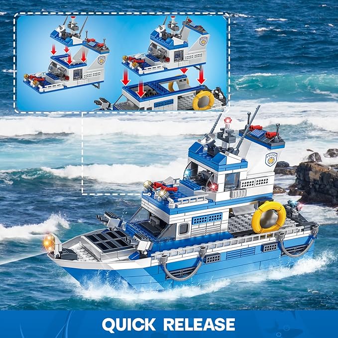 Police Boat Building Set 480 Pcs City Boat STEM Building Toy Including Kayaks and Police Speedboats Toy Christmas Birthday Gift for Kids Boys Girls 6 7 8 9 10+