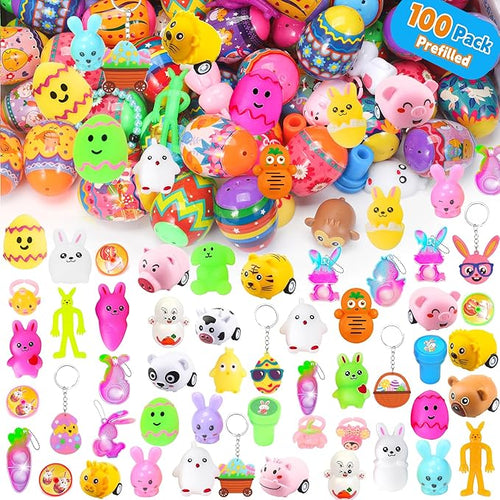 100PCS Unique &amp Colorful Prefilled Easter Eggs with Novelty Toys Filling Treats Easter Eggs Hunt Basket Stuffers Fillers Theme Party Favor Classroom Prize
