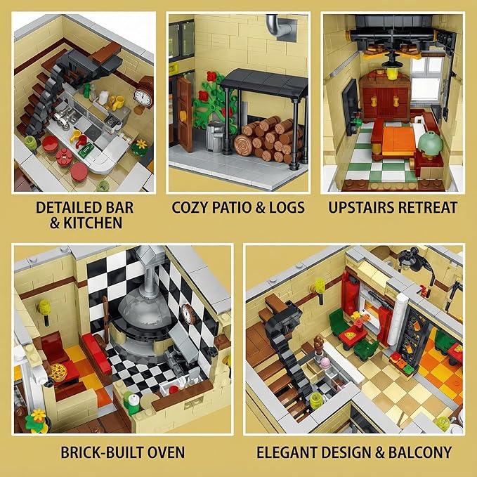 Pizza Shop Street View Building Blocks Set5588Pieces 3-Story Retro European Architecture Model with Detail Interior Scenes Collectible Modular Building Blocks for Adults &amp Teens 14+