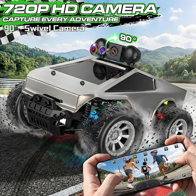 RC Cars with Camera Remote Control Truck with 720P HD FPV Camera All-Terrain Remote Control Car with Led Light Rechargeable Battery 1:28 RC Car Vehicle Toy Gifts for Kids Boys Girls