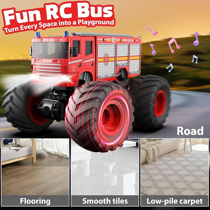 1/18 Remote Control Fire Truck Toy for Kids 2.4GHz RC Monster Truck Toy with LED Lights &amp Sound Rechargeable Electric Vehicle Gift for Boys Girls