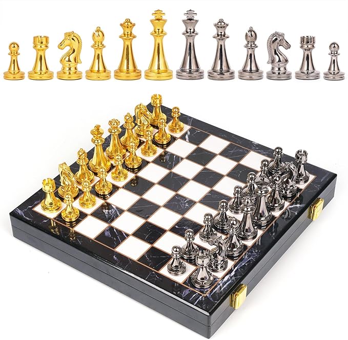 Metal Chess Set for Adults and – Marbling Chess Board with Chess Pieces – Travel Chess Sets with Extra Queens with zinc Alloy Metal Pieces – Ideal for Beginners and Professional Players