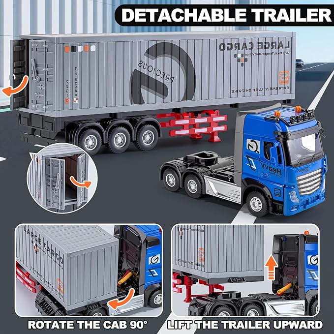 9 Channel RC Semi Truck with Trailer Metal Cab 2.4Ghz Remote Control Container Truck with Lights and Sounds Birthday Gift for Kids Boys 18.5