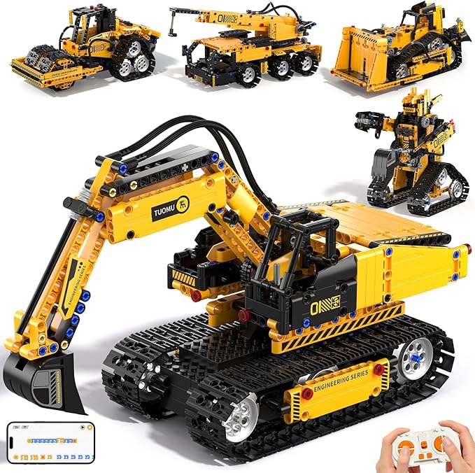 5 in 1 Building Toys STEM Robotics Kit for Kids 6-14 Remote &amp APP Controlled STEM Excavator/Truck/Robot/Bulldozer/Roller 535 PCS Blocks RC Robot Erector Sets Birthday Gift for 8 10 11 12+ Years