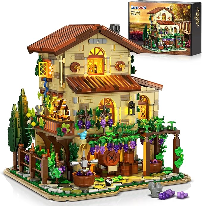 Winery Chateau House Building Set with Lights Vineyard Castle Construction Model Home Decor 1826 PCS Vine Estate Autumn Cabin Building Block Kit Birthday Gift for Adults Teens Boys Girls
