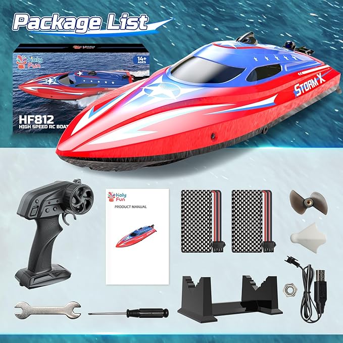 HOLYFUN Full Proportional Remote Control Boat for Kids &amp Adults 20MPH+ High-Speed Waterproof RC Boat 2 Battery(30 Mins) 2.4GHz Racing Boats Toy for Water Pool &amp Lake