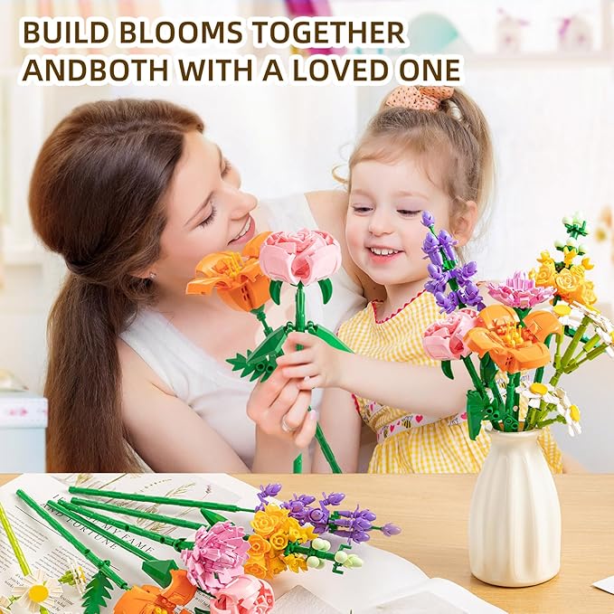 Flower Bouquet Building Blocks Set - Artificial Flowers with Roses for Home Decor Unique Gift for Her or Him for Mother's Day Birthday Gift DIY Mini Micro Bricks Kits with Vase
