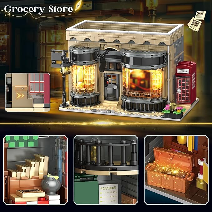 Grocery Store Building Blocks for Adults for BookNook Building Set with LED Light Shop Window and Telephone Booth House Toy for Home Decor Bookshelf 1368Pcs