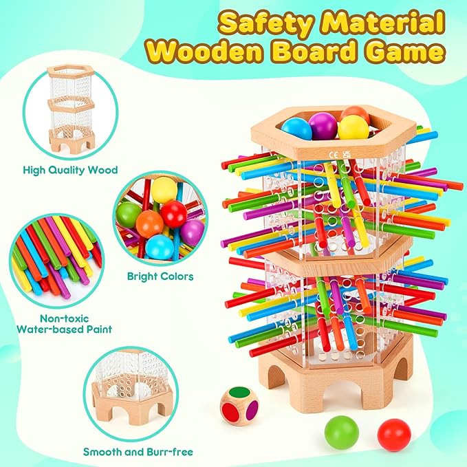 Montessori Wooden Board Game 42 Colorful Sticks Dice Games for Kids 3 4 5 6 Years Math Learning Toys Fine Motor Skills &amp Counting Educational Toy Family Travel Game Birthday Gifts for Boys Girl