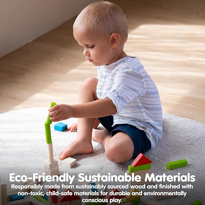 PlanToys® 40 Unit Blocks Wooden Montessori Building and Stacking Toy | Early STEM Fine Motor Creativity and Problem Solving Activity | Eco Friendly Educational Open Ended Play Set