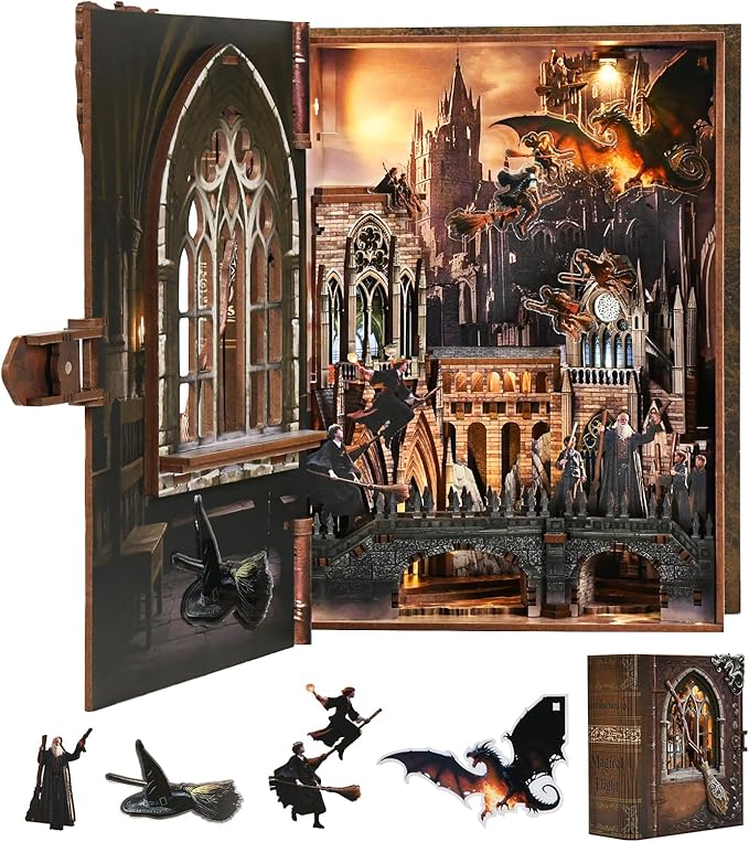 Book Nook Kit with LED Light Miniature House Kit for Birthday 3D Wooden Bookends Puzzle Bookshelf Decor for Adults Teens Beginners (Introduction to Magical Flight)