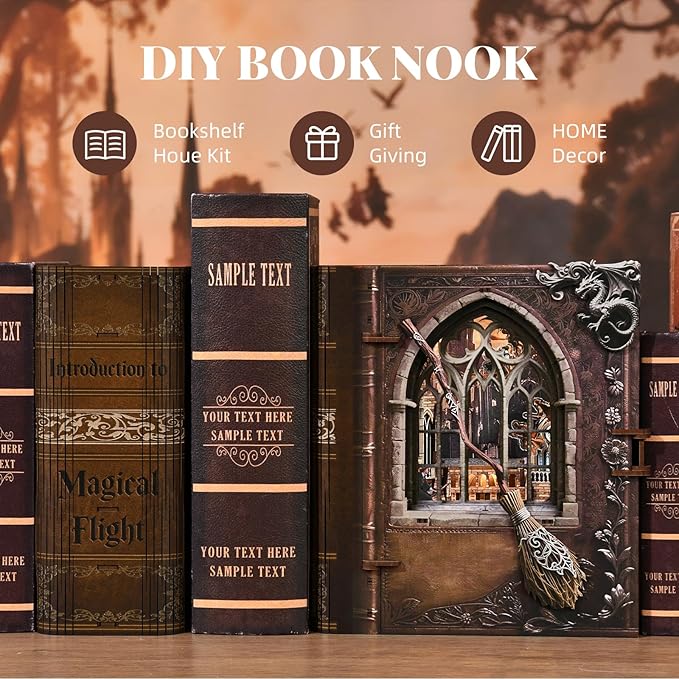 Book Nook Kit with LED Light Miniature House Kit for Birthday 3D Wooden Bookends Puzzle Bookshelf Decor for Adults Teens Beginners (Introduction to Magical Flight)