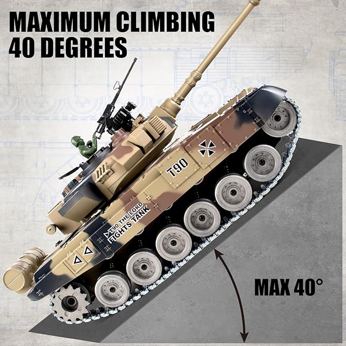 RC Tank 1:18 Russian T-90 Metal Tracks Remote Control Model Tank Toys 2.4Ghz Army Toys with Smoke Sound and Light RC Military Vehicle that Shoots BBS for Adults and Kids
